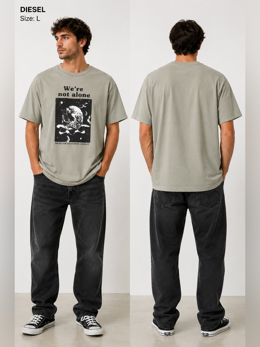Diesel Graphic t shirt mens size Large green black y2k skater short sleeve moon